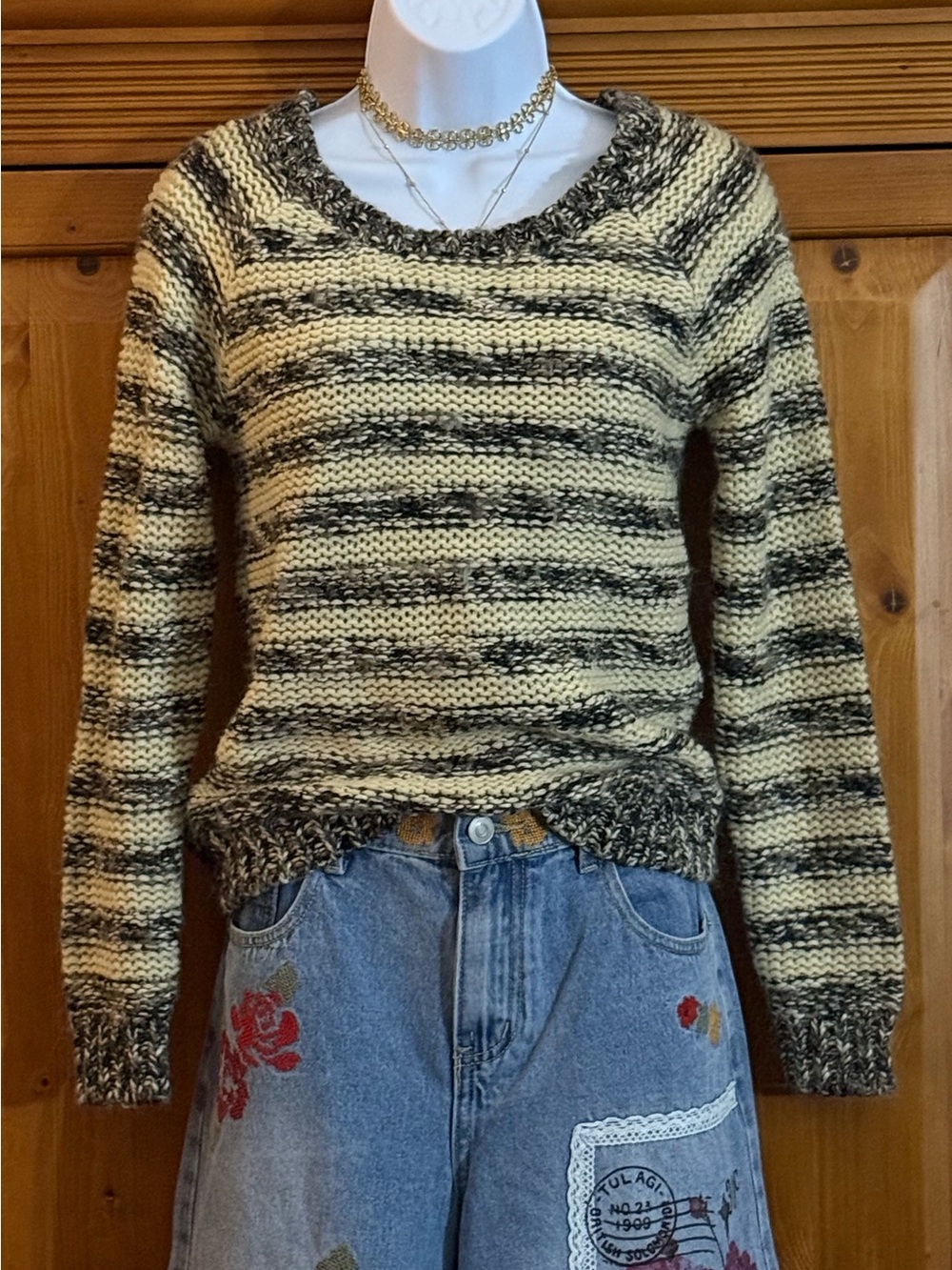 Striped Cream and Black Knit Sweater NWT